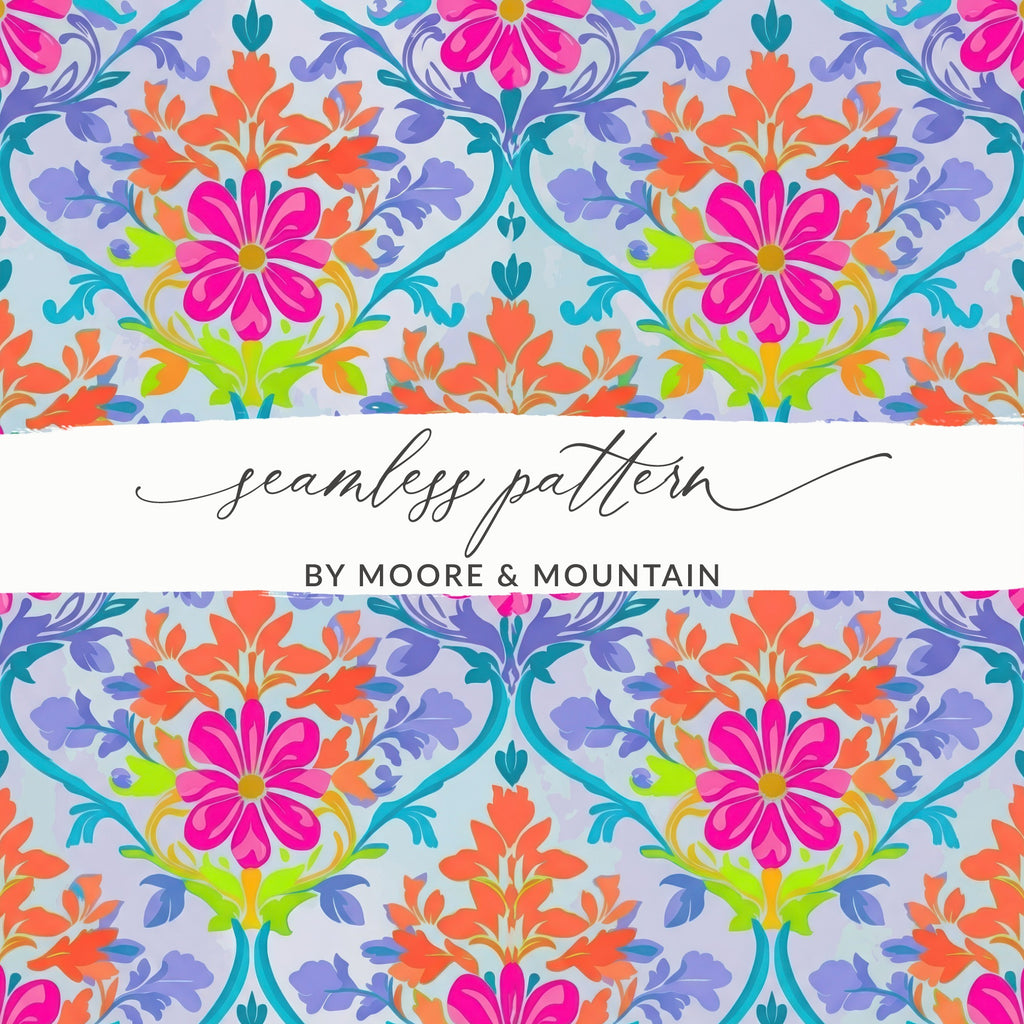 Seamless pattern with vibrant floral motifs and ornate scrollwork in pink, orange, and blue.