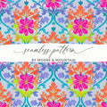 Seamless pattern with vibrant floral motifs and ornate scrollwork in pink, orange, and blue.