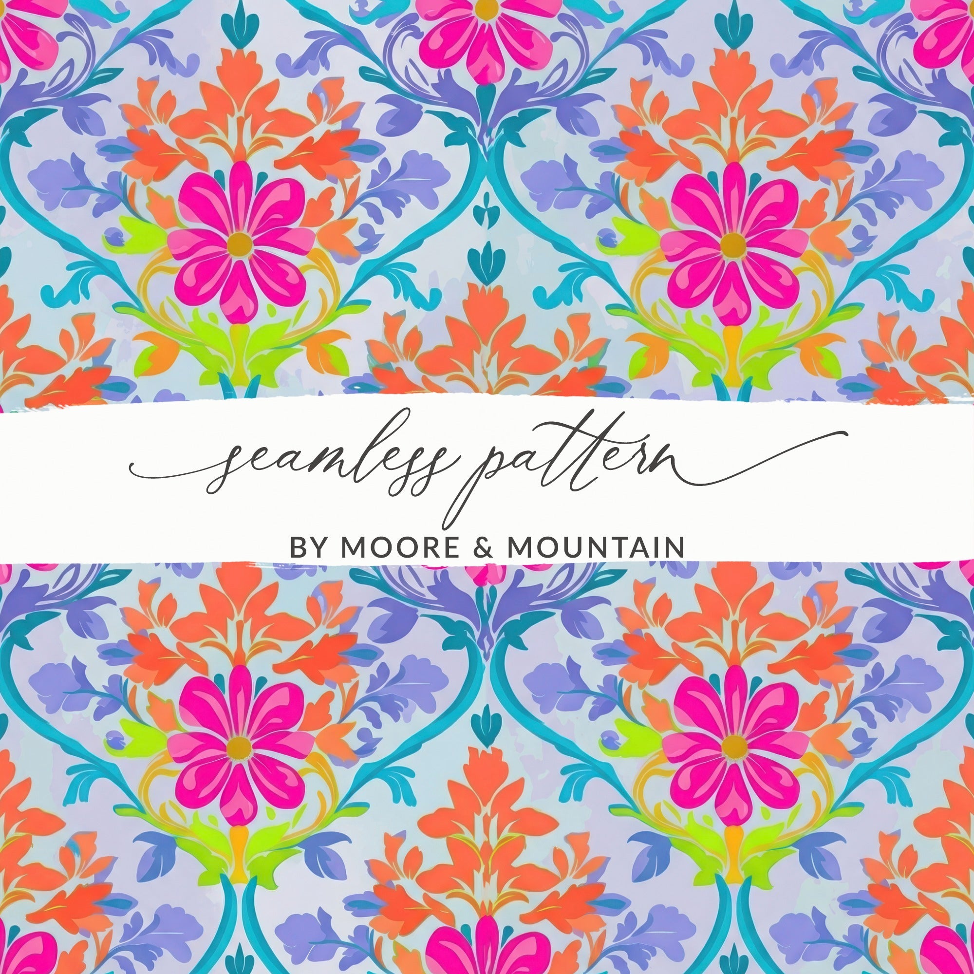 Seamless pattern with vibrant floral motifs and ornate scrollwork in pink, orange, and blue.