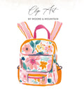 Floral backpack with pink straps and a white background.