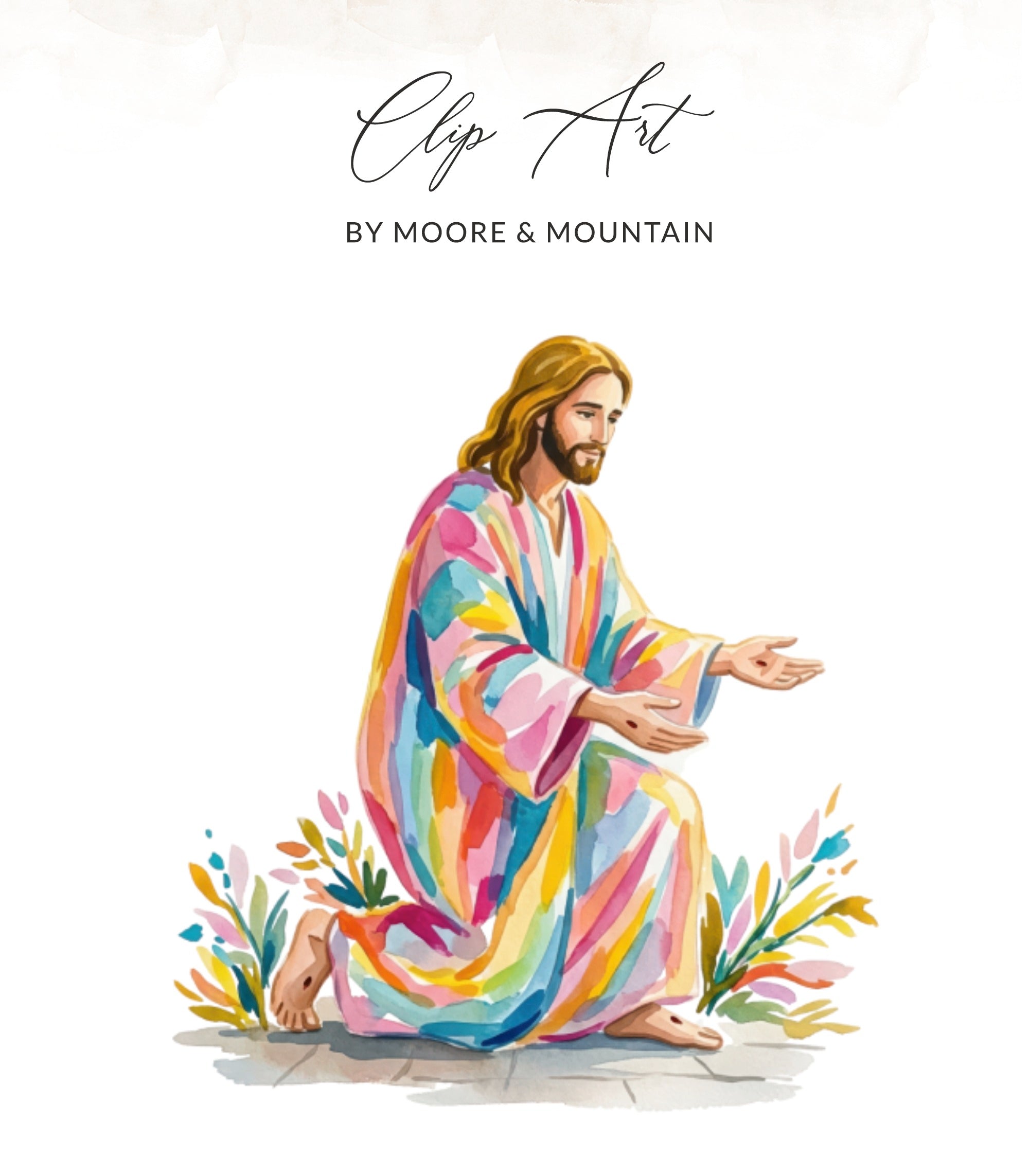 Jesus in colorful robes kneeling with outstretched arms.