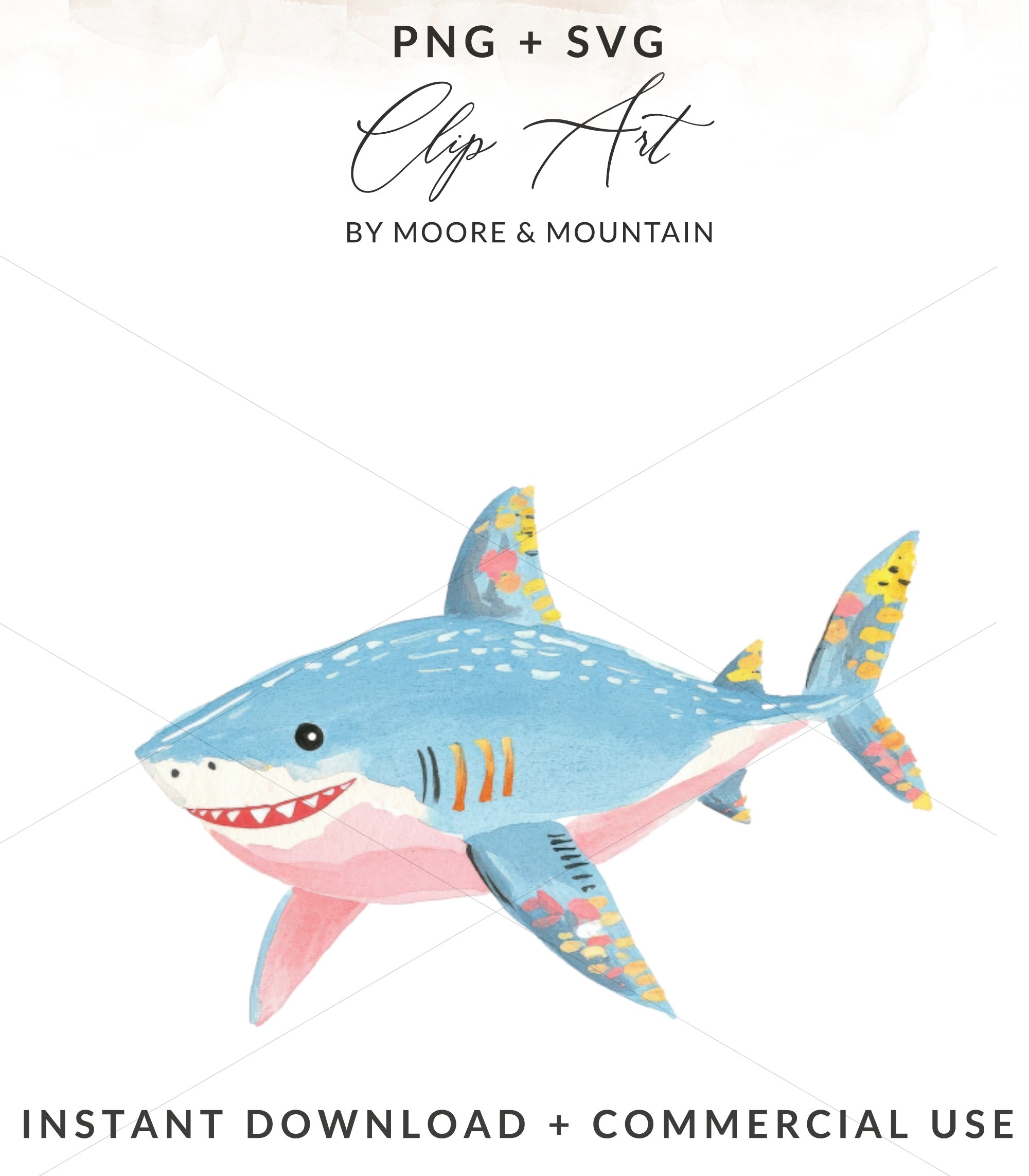 Watercolor illustration of a smiling blue shark with colorful accents.