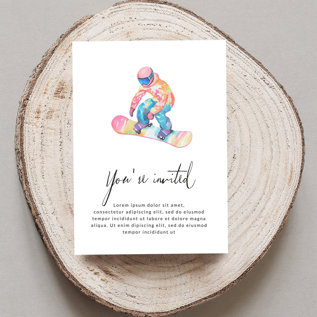 Watercolor snowboarder on invitation with placeholder text.