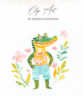 Cartoon alligator in a patterned shirt and striped shorts surrounded by flowers.