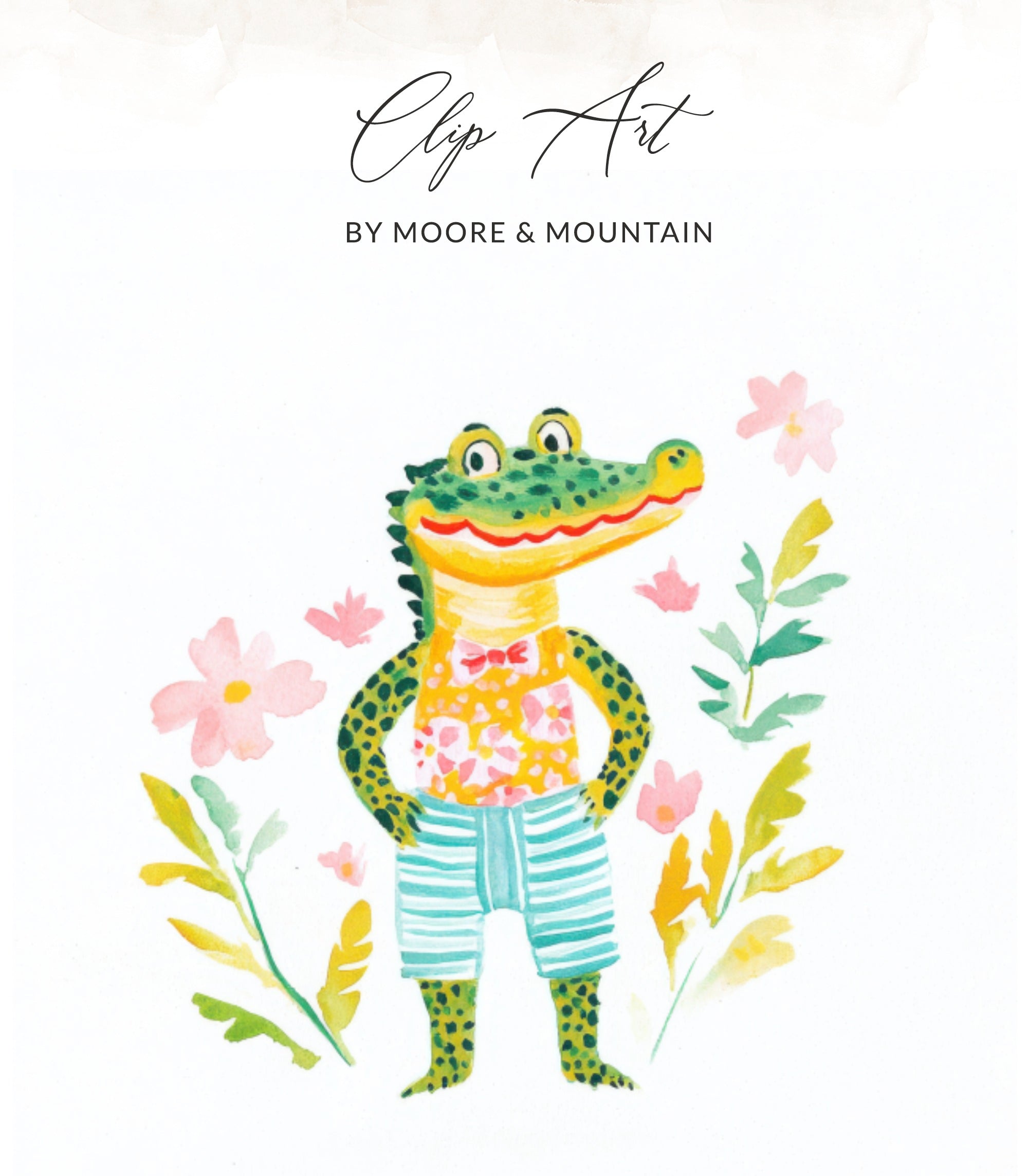 Cartoon alligator in a patterned shirt and striped shorts surrounded by flowers.