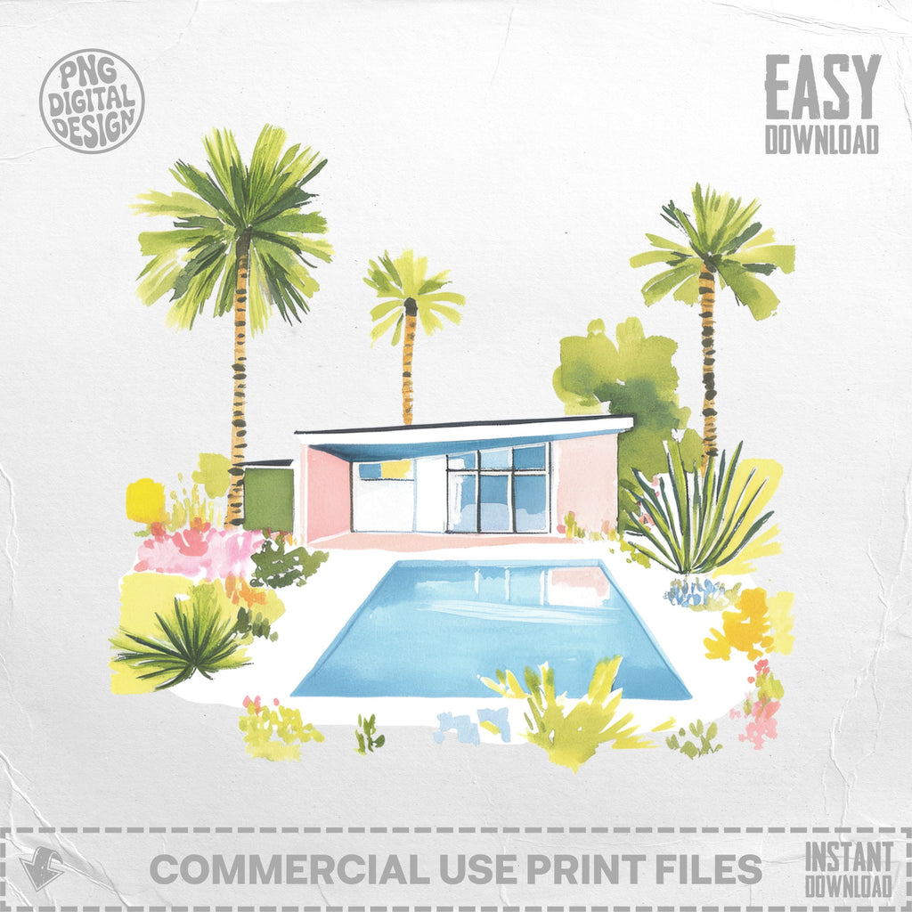 Mid-century modern home with pool and palm trees, watercolor illustration.