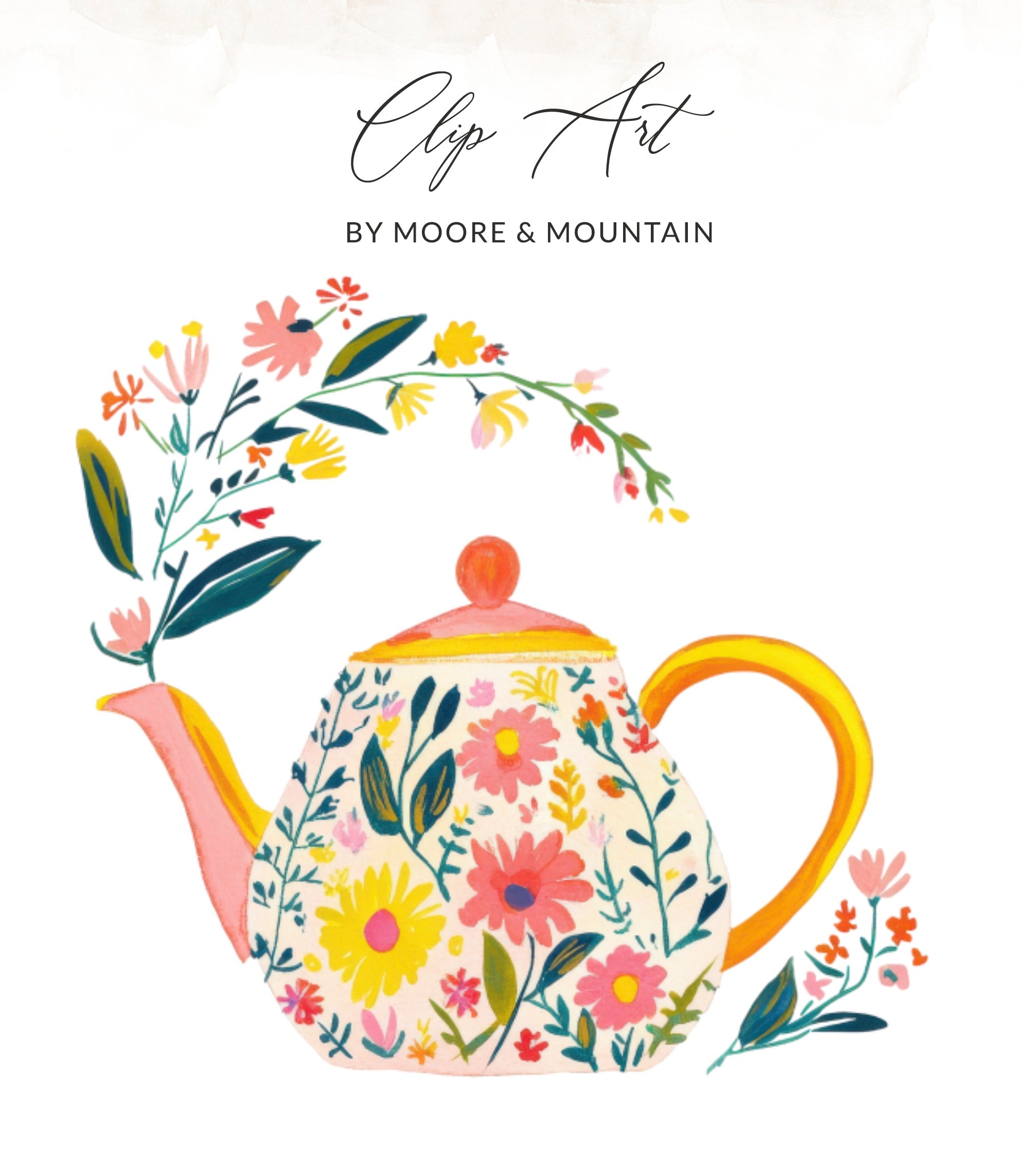 Floral teapot with vines and flowers at spout.