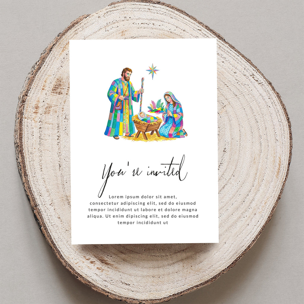 Nativity scene invitation with "You're invited" text.