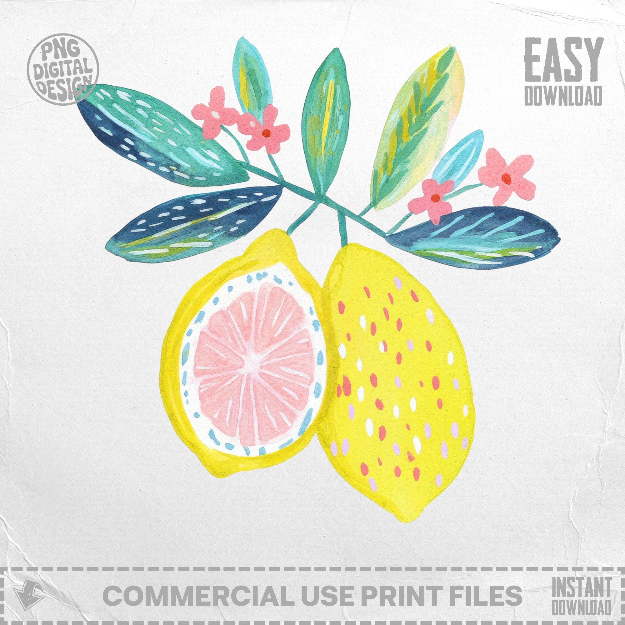 Watercolor lemons with pink flowers on a branch, "Easy Download" text.