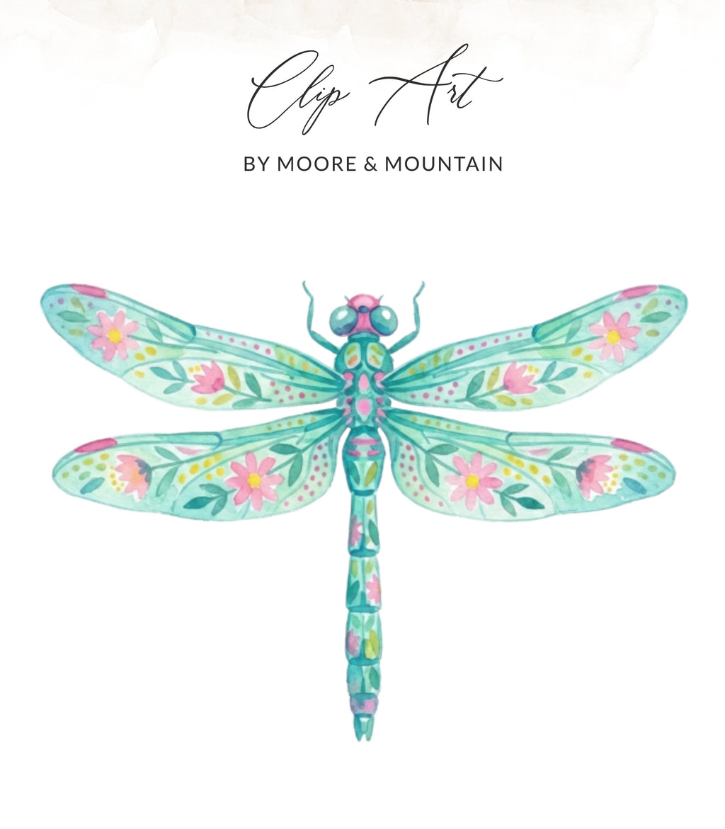 Turquoise dragonfly with pink floral design and "Clip Art" text.