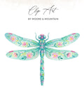 Turquoise dragonfly with pink floral design and "Clip Art" text.