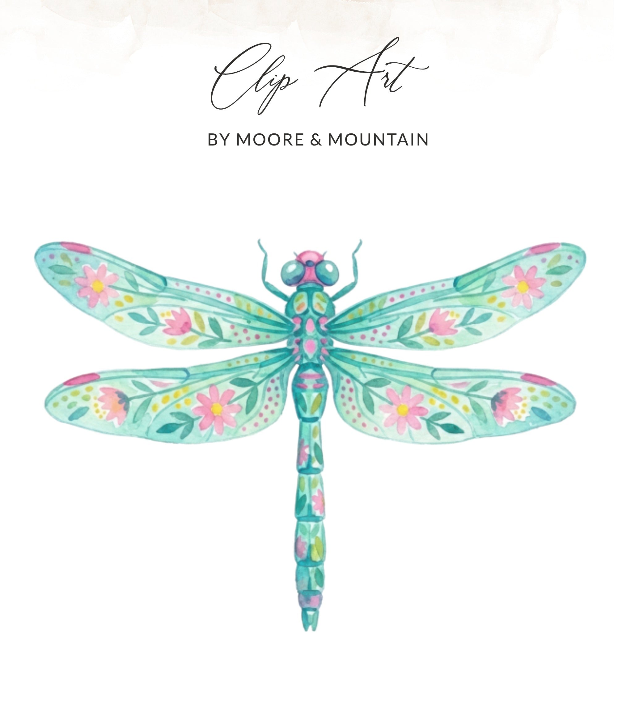 Turquoise dragonfly with pink floral design and "Clip Art" text.