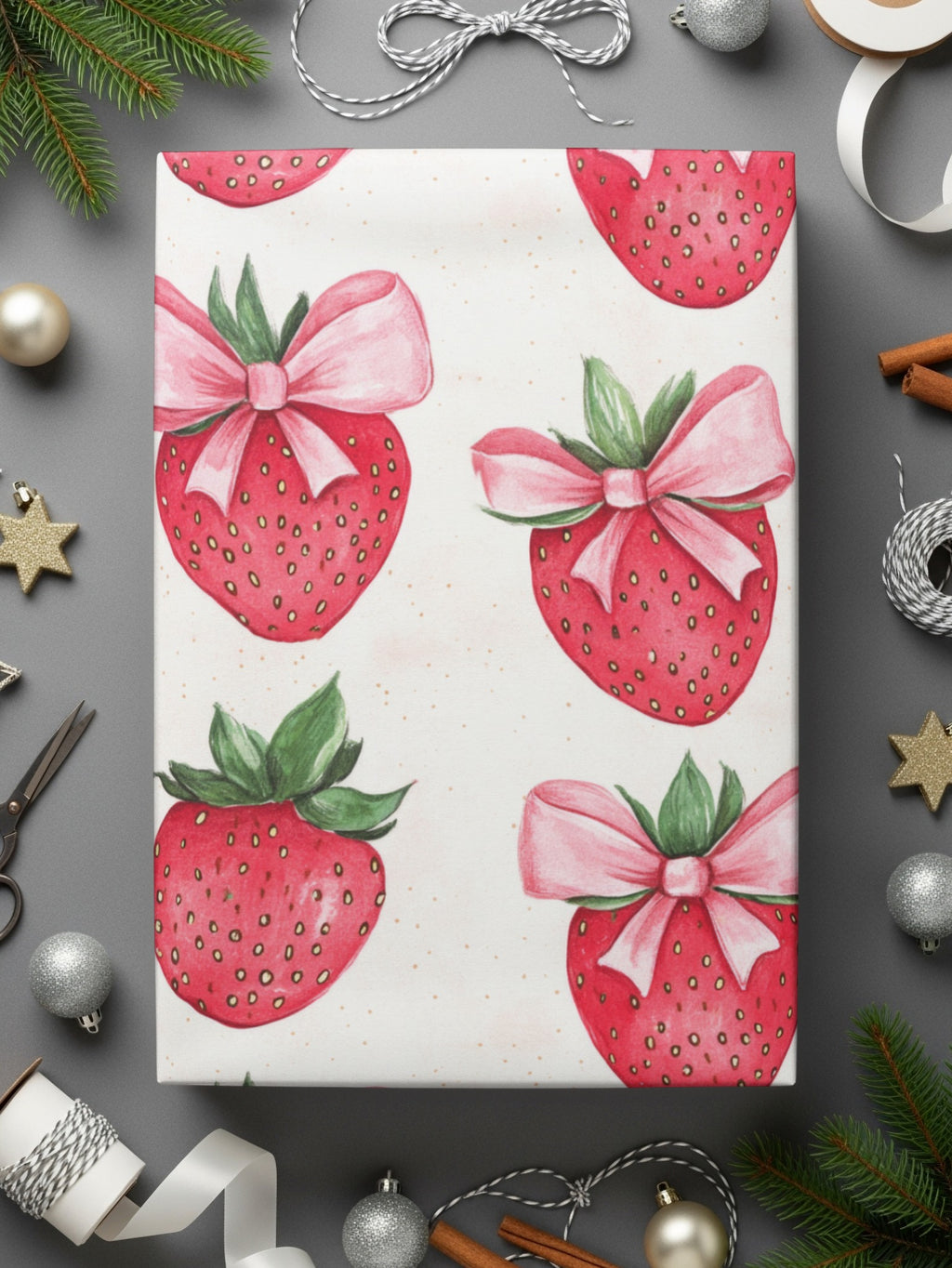 Strawberry Gift Wrap with Pink Bows Wrapping Paper