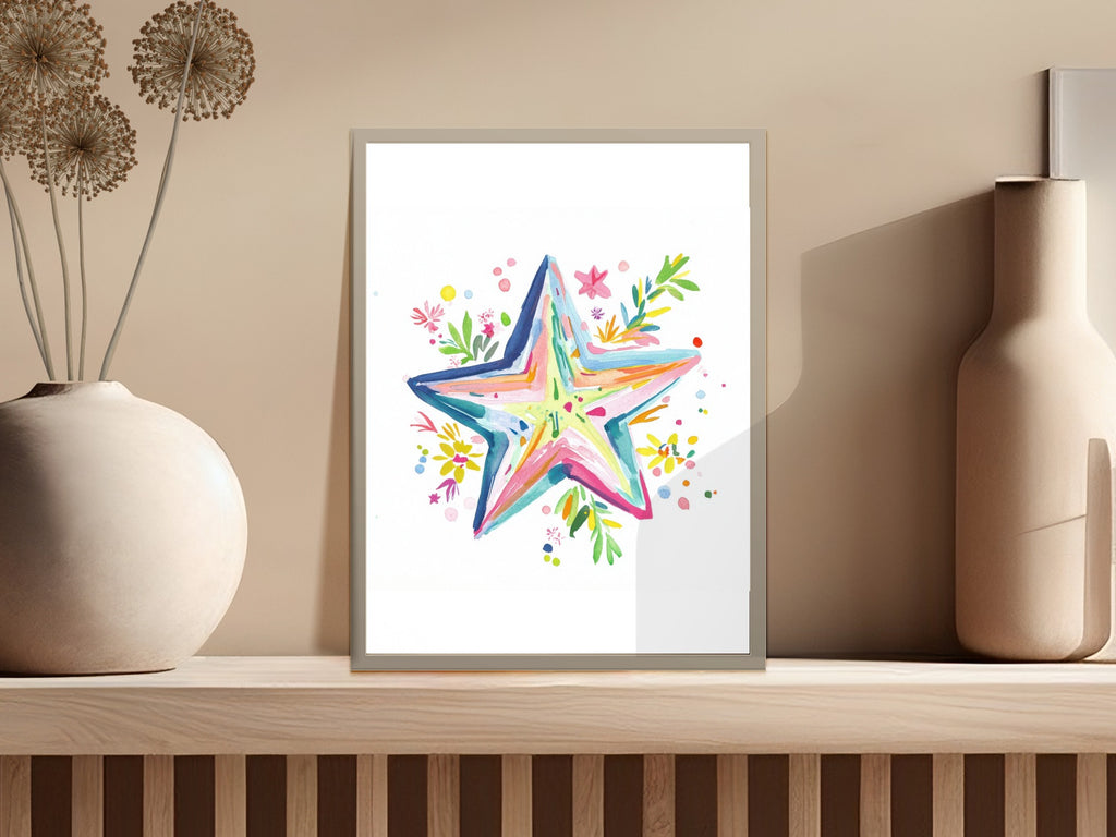 Colorful abstract star illustration with floral elements.