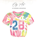 Colorful watercolor sports jersey with number 28.