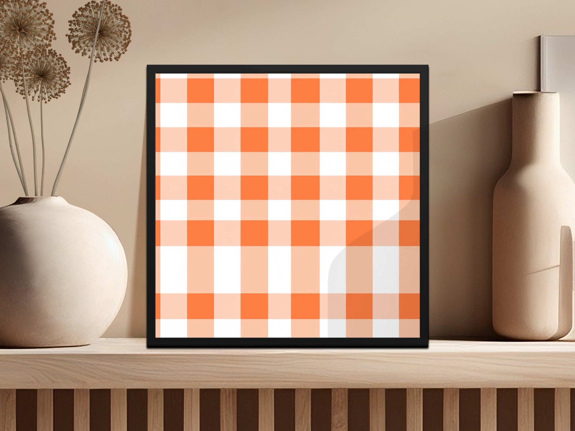 Orange and White Gingham Checkered Wall Art Decor
