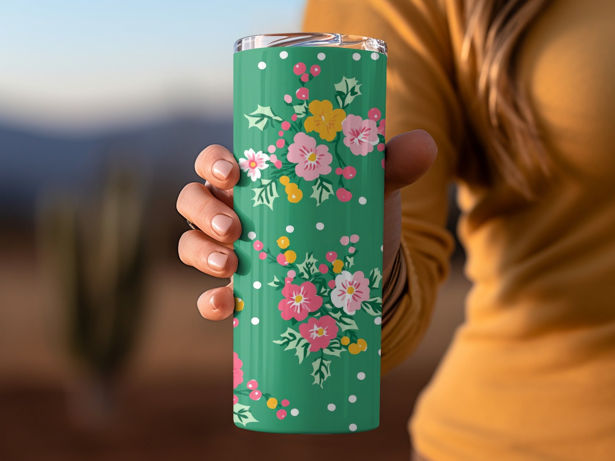 Floral Patterned Tumbler with Green Background