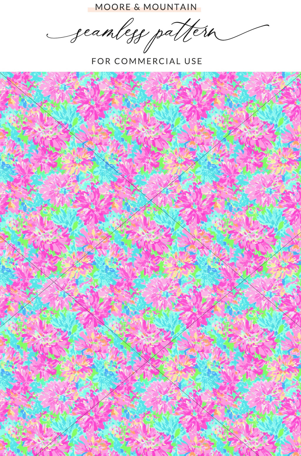 Pink, blue, and yellow floral pattern with "Moore & Mountain" logo.