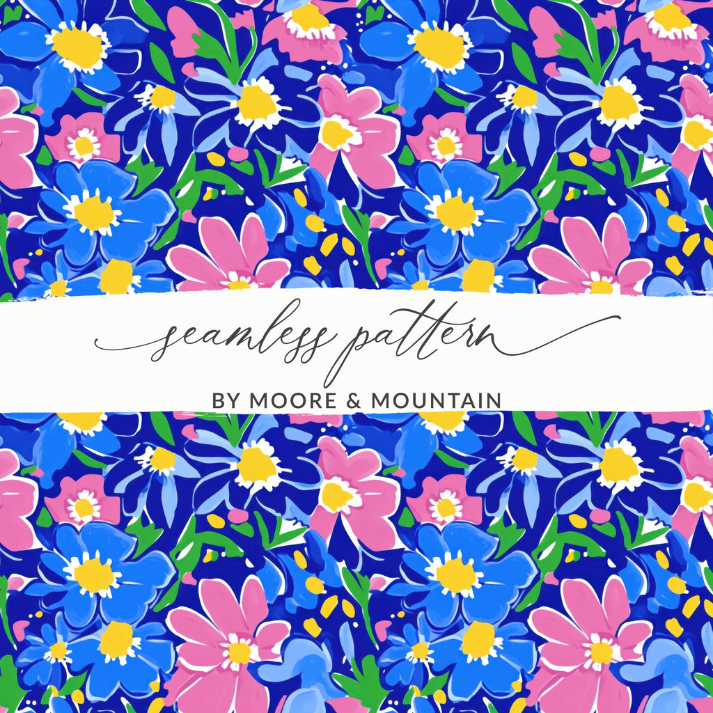 Abstract Floral Digital Paper, Preppy Pink Blue Flowers Seamless Pattern, Vibrant Summer Art Print, Bold Botanical Design Digital
