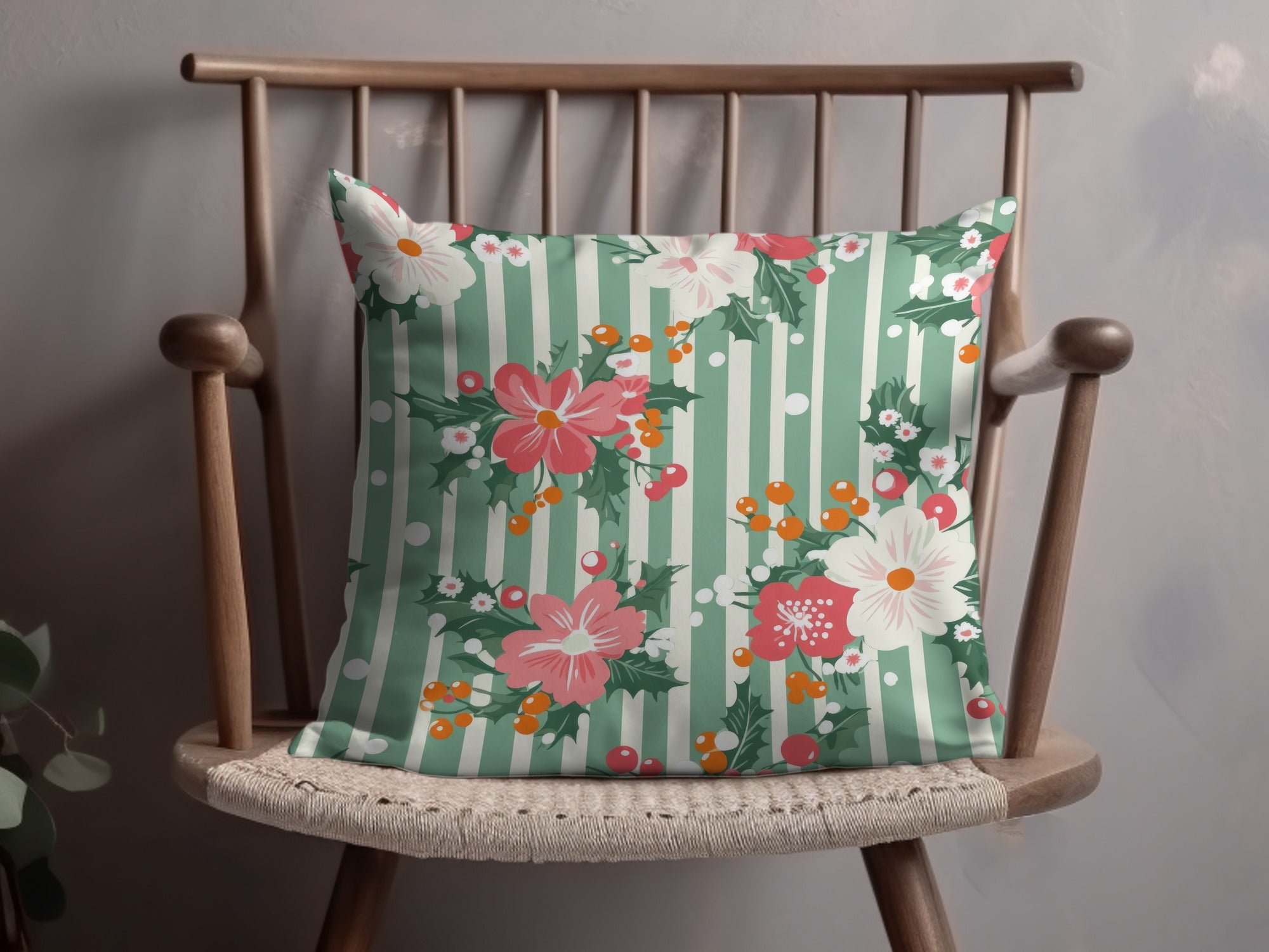 Festive Floral Striped Pattern Decorative Pillow Product