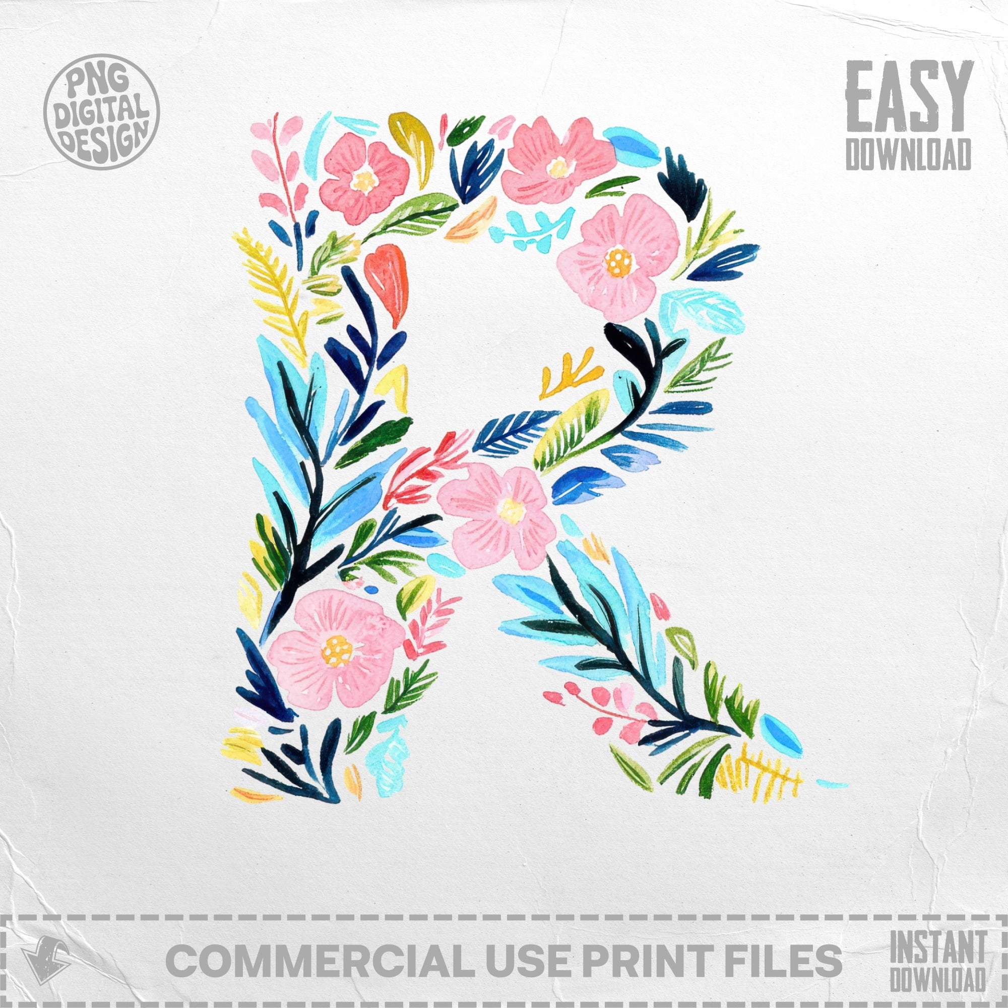 Floral letter R with pink flowers and blue leaves, digital design.