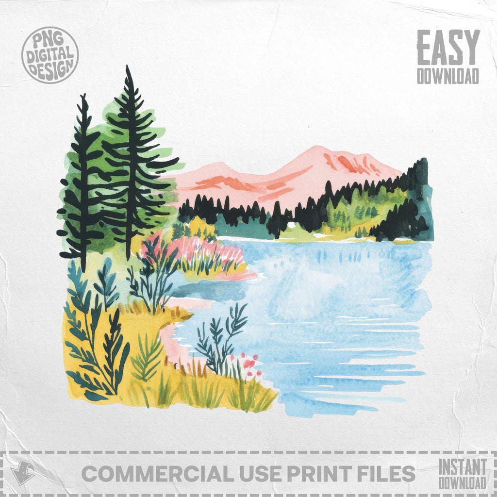 Watercolor landscape painting of a lake with trees, mountains, and foliage.
