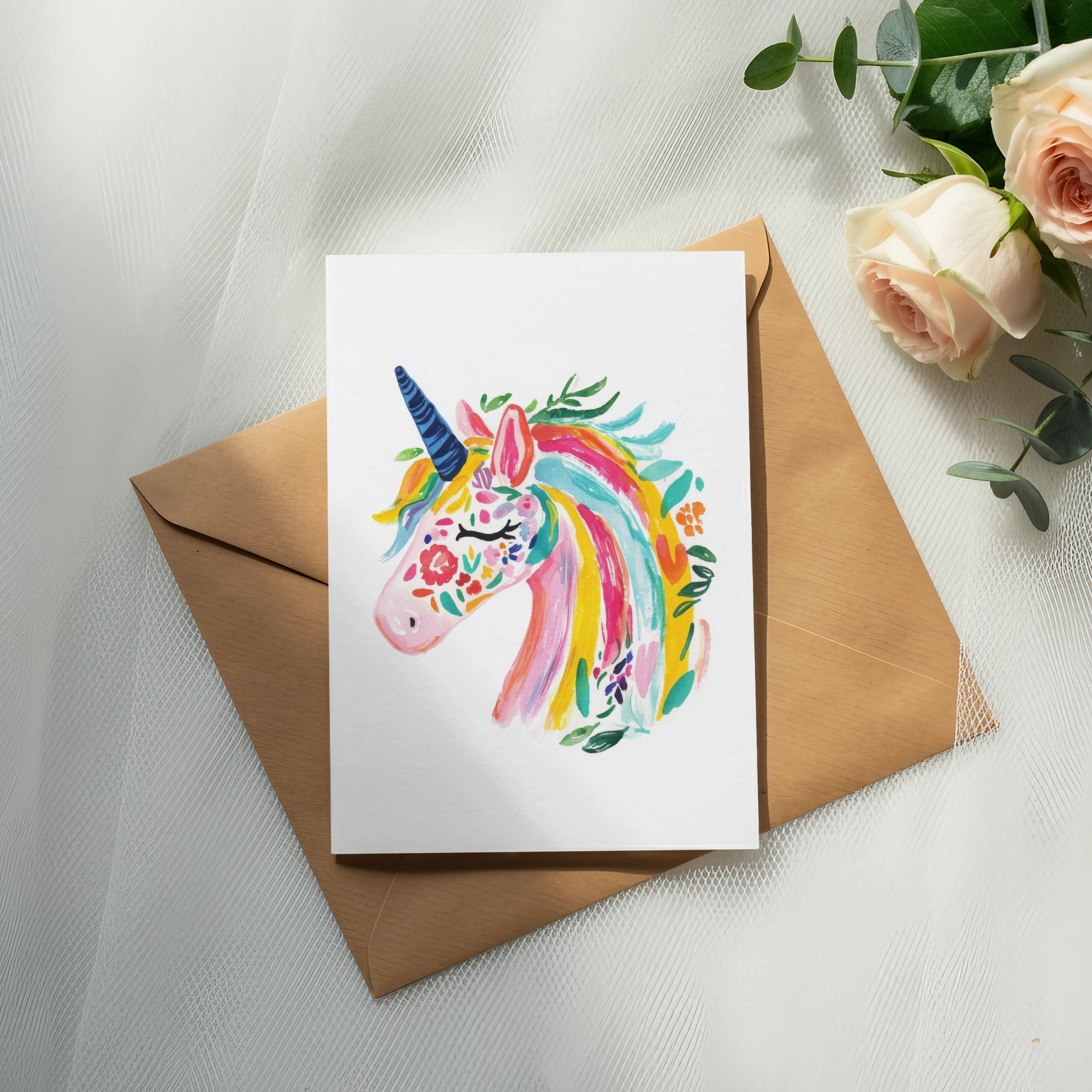 Watercolor unicorn painting on a card with floral accents, set on an envelope.