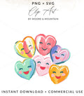 Hearts with smiling faces and colorful swirls.