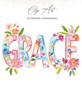 Watercolor letters spelling "Grace" with floral accents and "Clip Art by Moore & Mountain" text.
