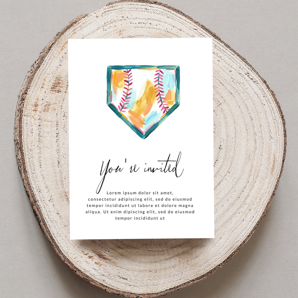 Watercolor baseball home plate with "You're invited" text.