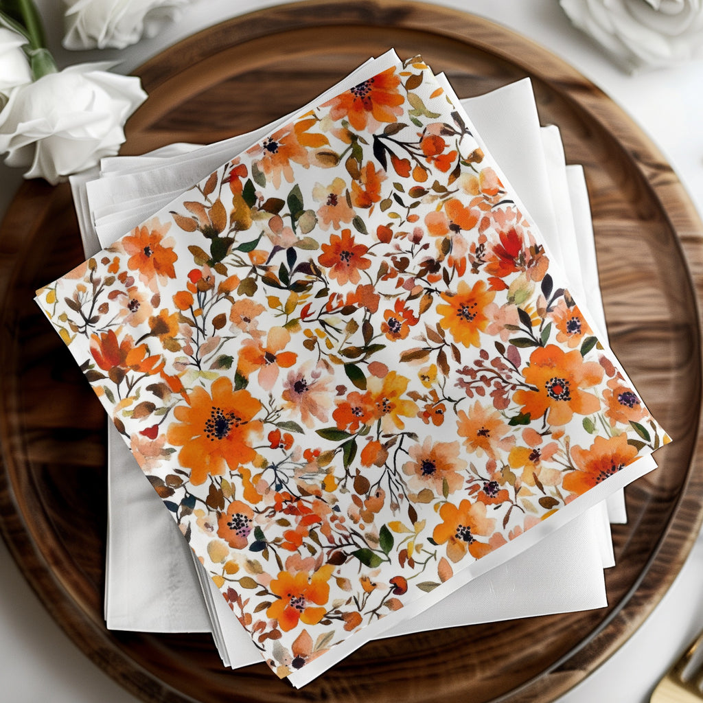 Vibrant Orange Floral Patterned Paper Napkin Set