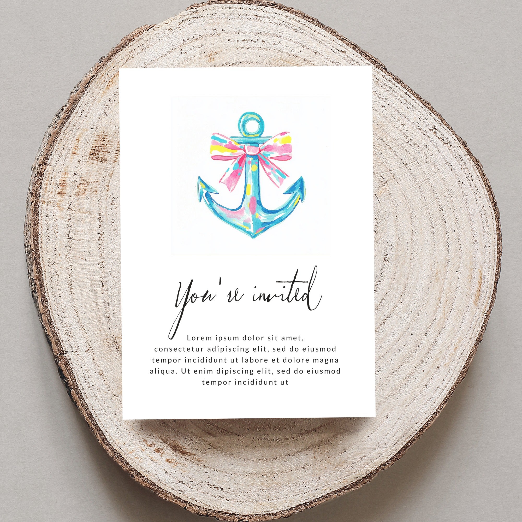 Watercolor anchor with bow invitation, "You're invited" text, and placeholder copy.