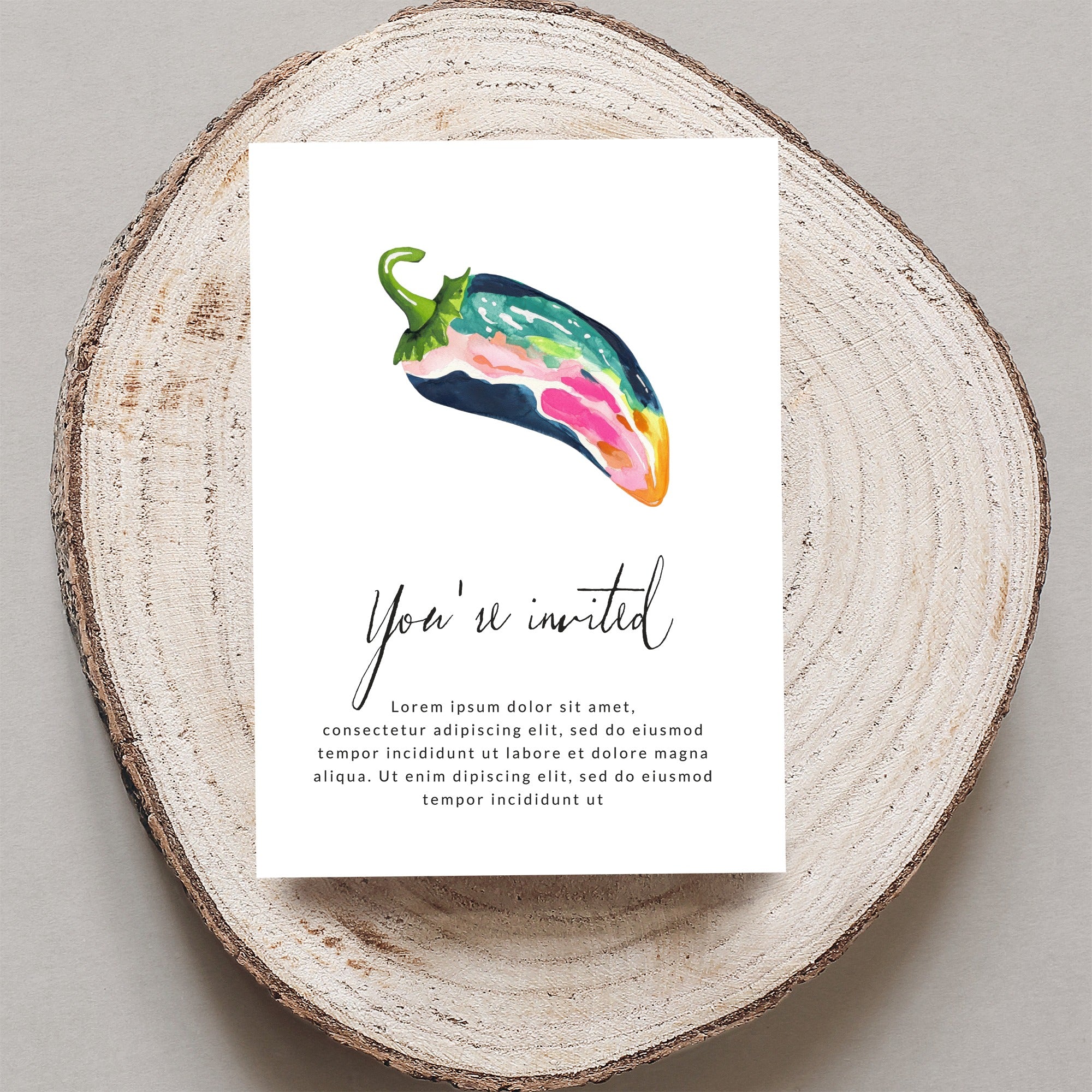 Watercolor chili pepper on an invitation reading "You're invited" with placeholder text.