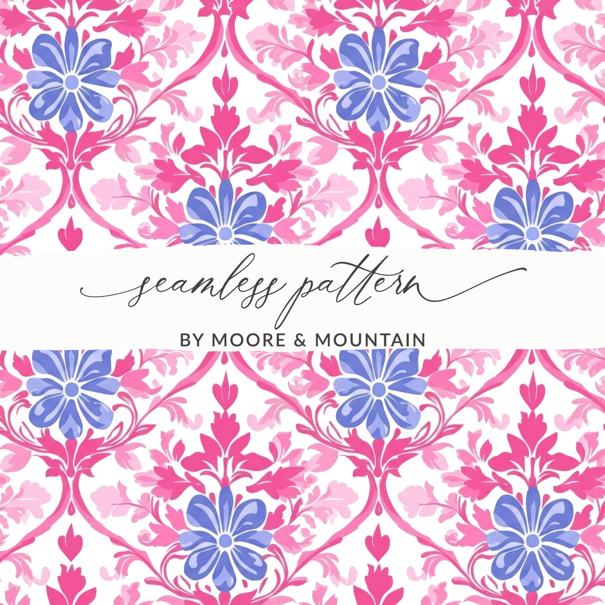 Seamless pattern with pink and blue floral motifs by Moore & Mountain.