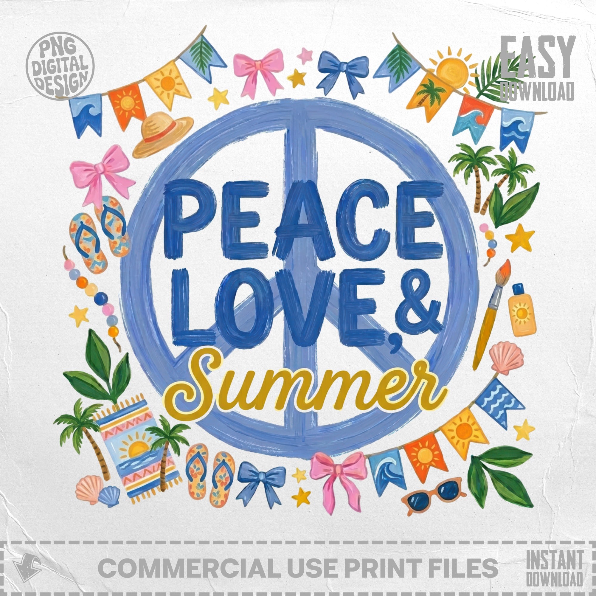 Peace, Love & Summer text with beach-themed icons and decorative flags.