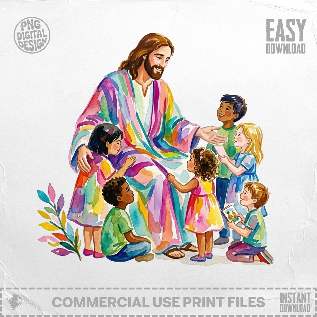 Jesus in colorful robes teaching a diverse group of children.
