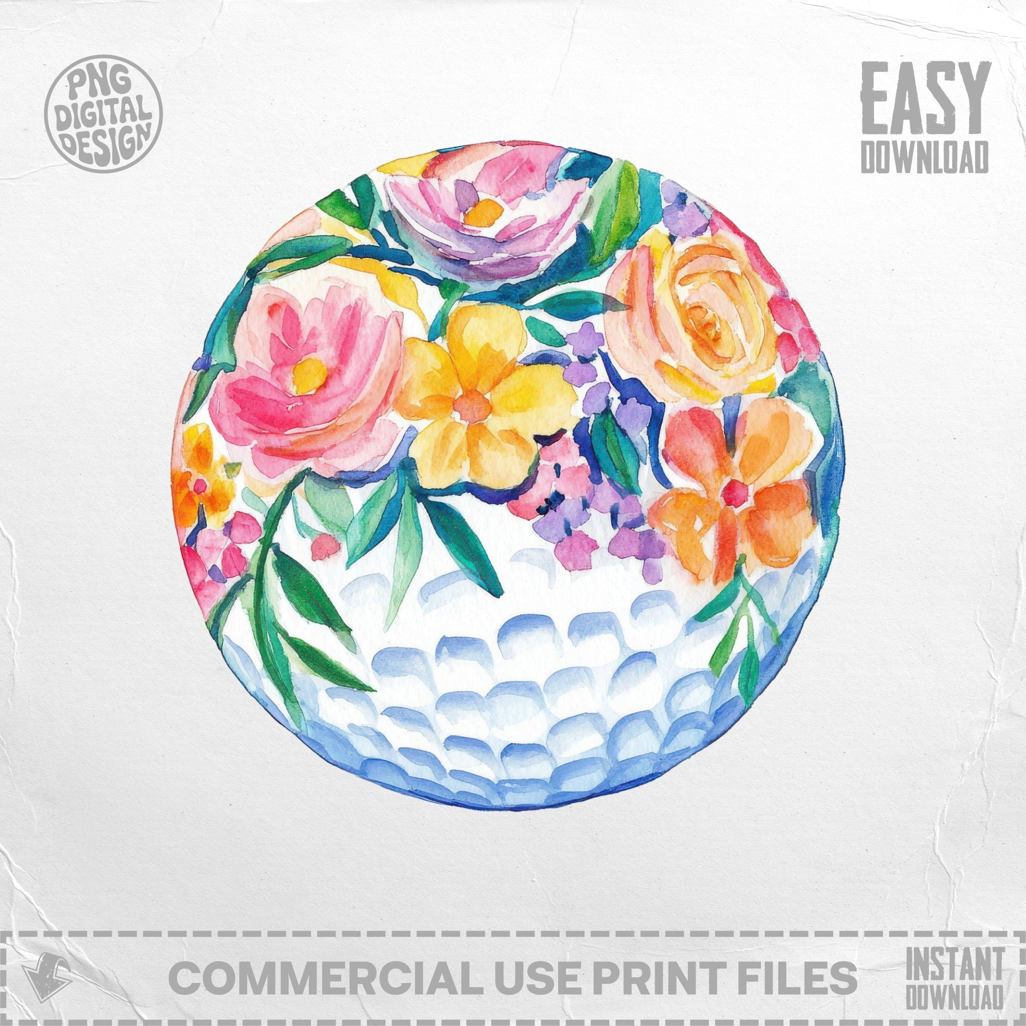 Watercolor floral arrangement in a dimpled sphere on a white background.