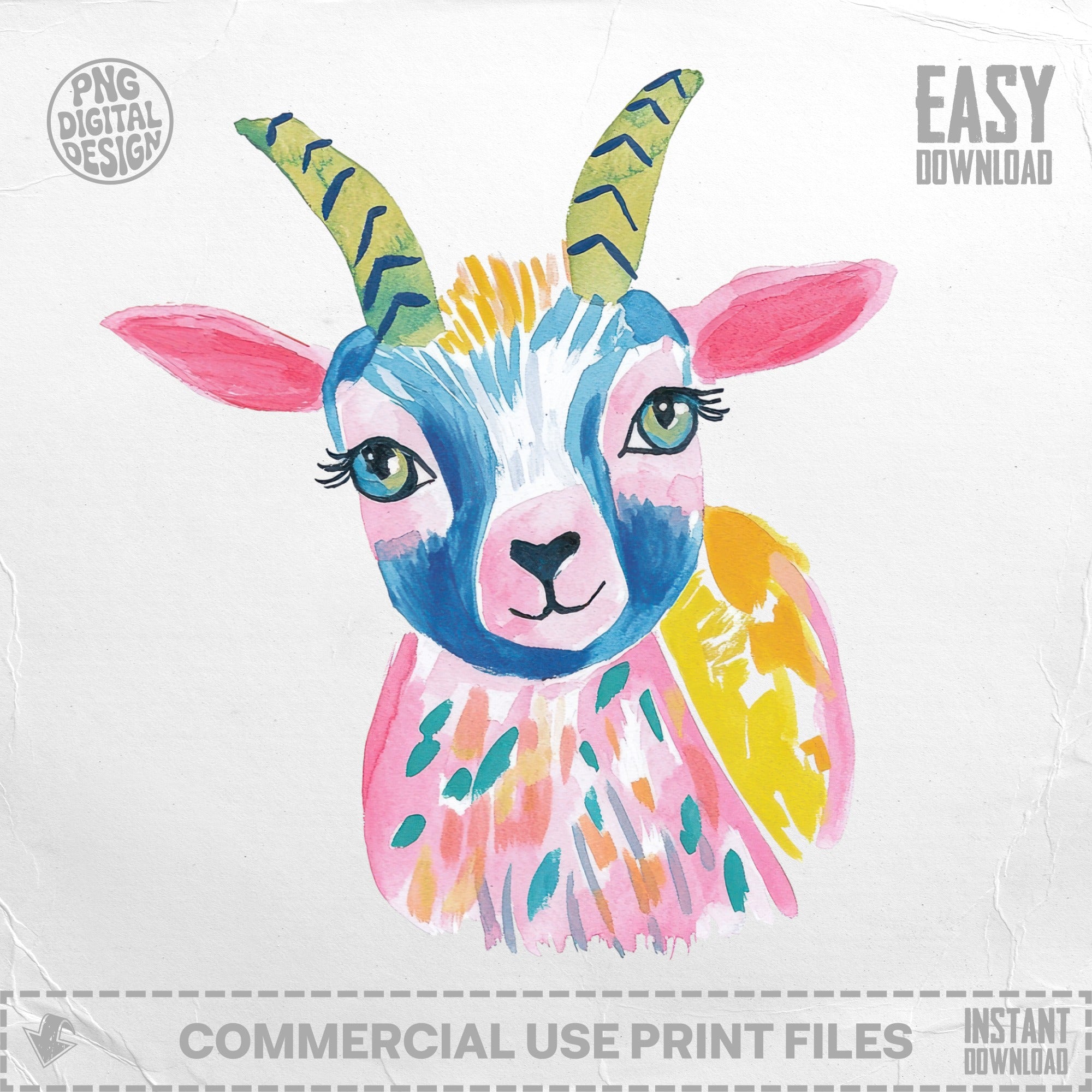 Watercolor illustration of a colorful goat with blue, yellow, and pink accents.