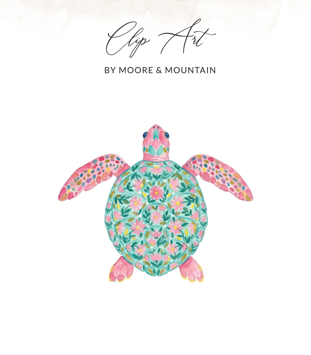 Watercolor sea turtle with pink, green, and blue floral pattern.