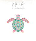 Watercolor sea turtle with pink, green, and blue floral pattern.
