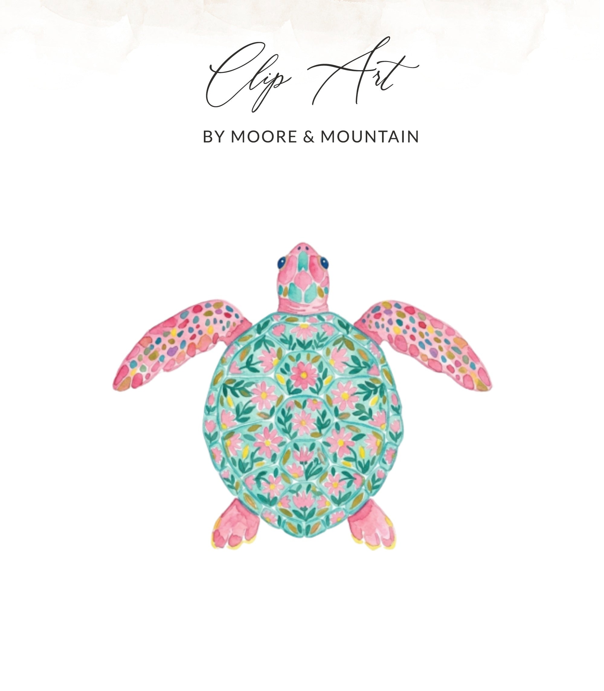 Watercolor sea turtle with pink, green, and blue floral pattern.