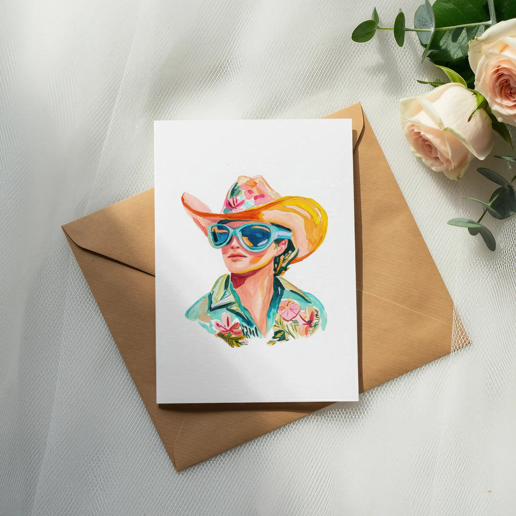 Watercolor illustration of a woman in a cowboy hat and sunglasses on a greeting card.