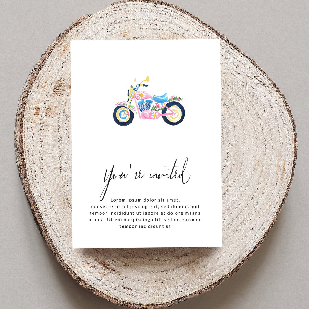 Pink floral motorcycle on invitation with "You're invited" text.