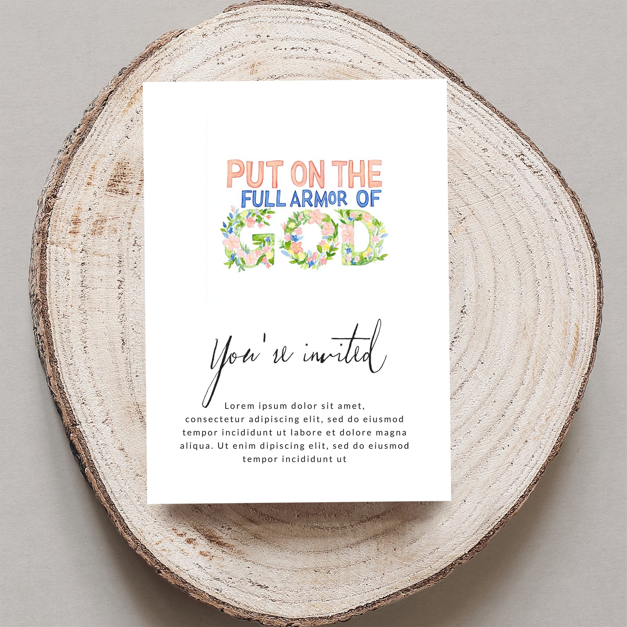 Invitation card with "Put On The Full Armor Of God" and "You're invited" text.