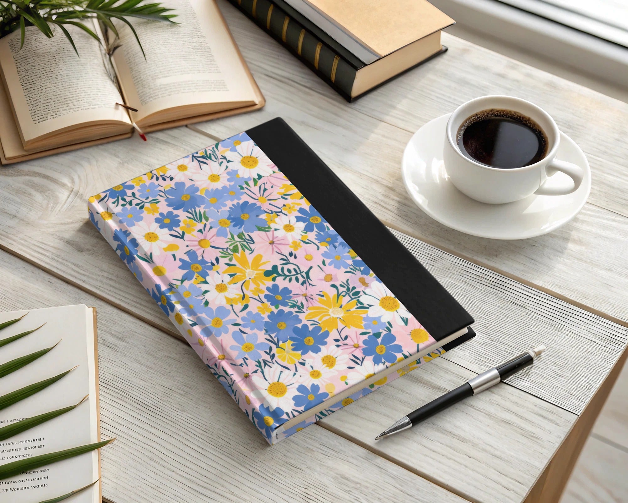 Floral Pattern Hardcover Notebook with Black Spine Notebook