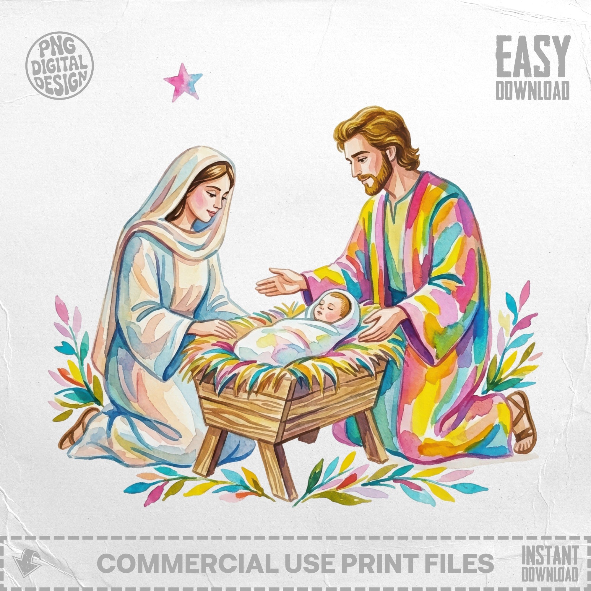 Mary and Joseph kneeling beside baby Jesus in a manger.