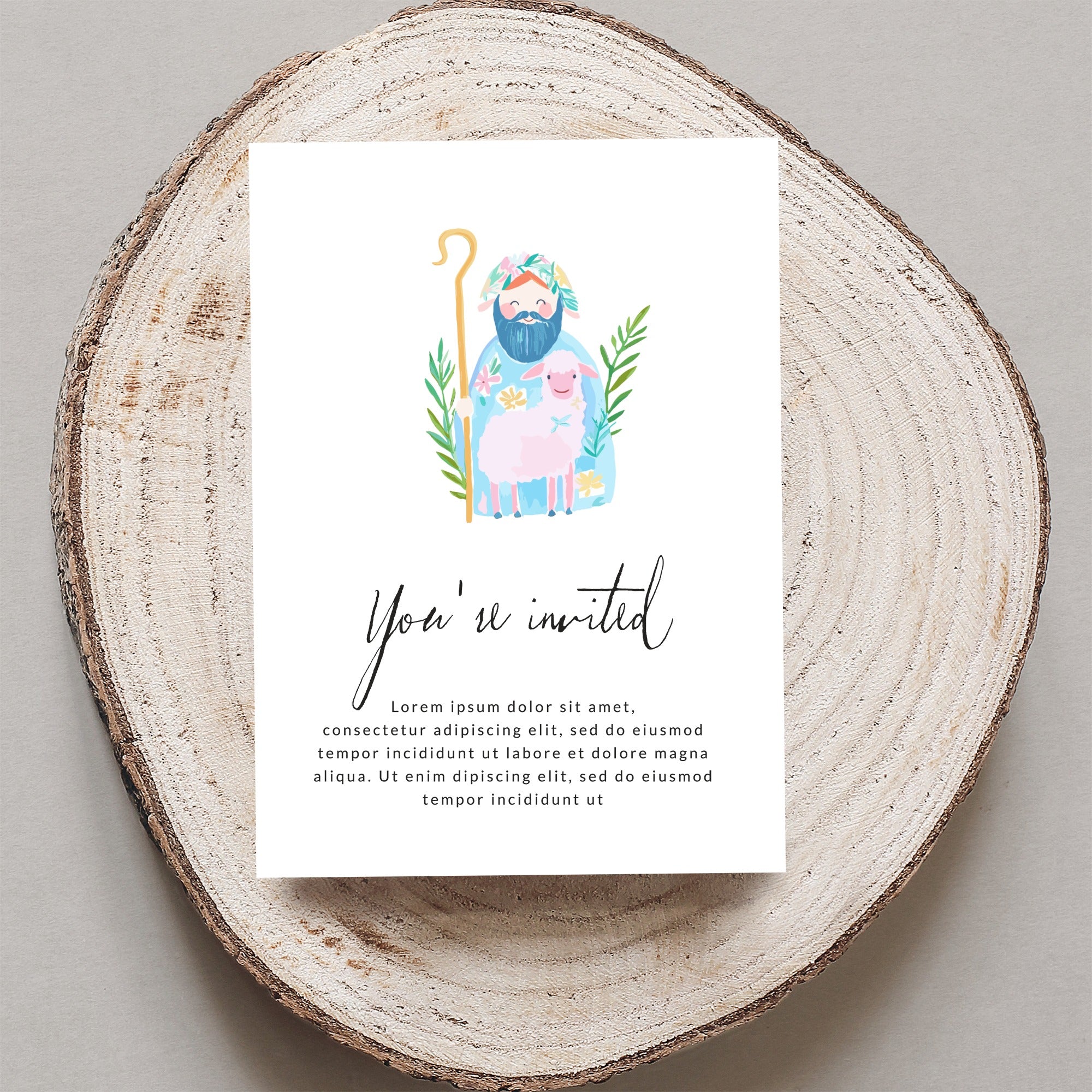 Invitation with shepherd, sheep, and placeholder text.