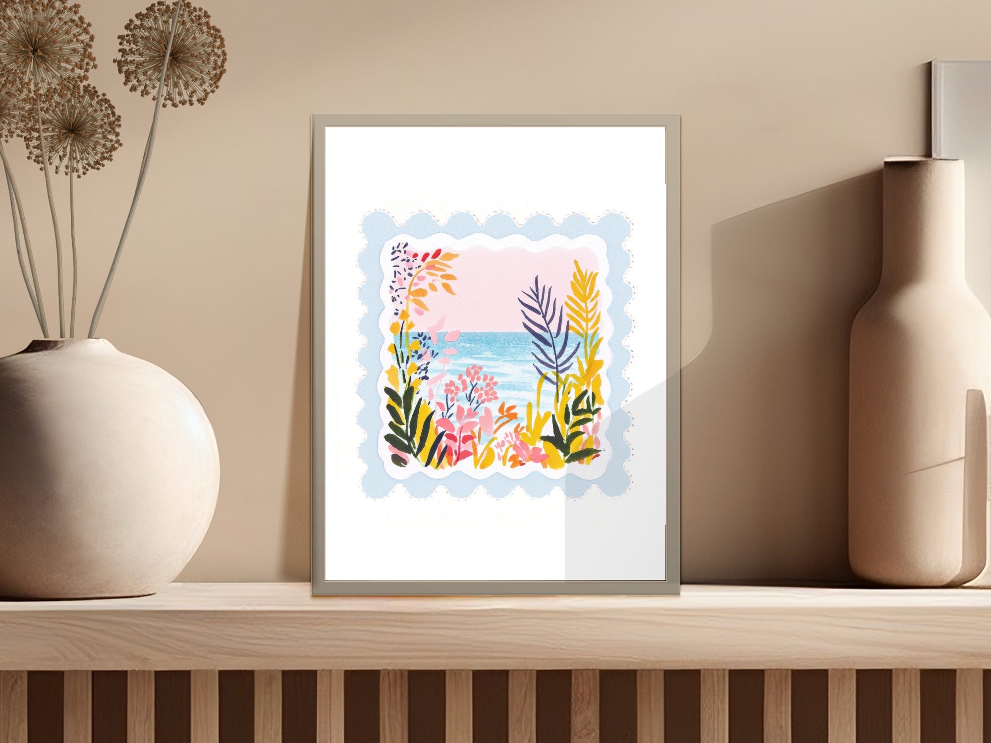 Colorful botanical illustration in a scalloped frame on a wooden shelf.