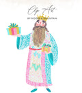 Illustration of a king in colorful robes holding two gift boxes.