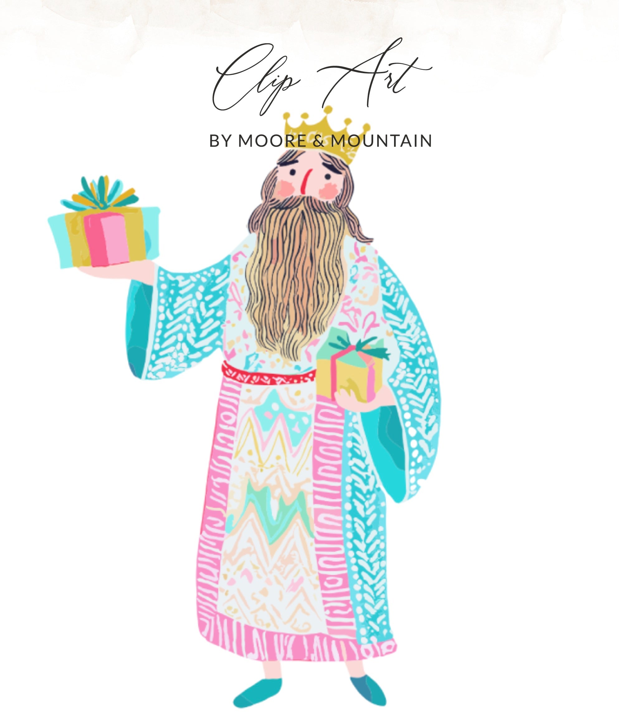 Illustration of a king in colorful robes holding two gift boxes.